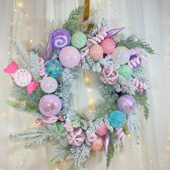 Peppermint Square Pastel Candy Frosted Pine 24" Holiday Christmas Wreath Rare - Picture 8 of 16